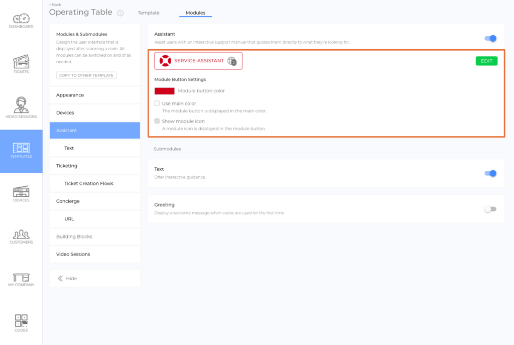 Changing the module button settings in the back office 