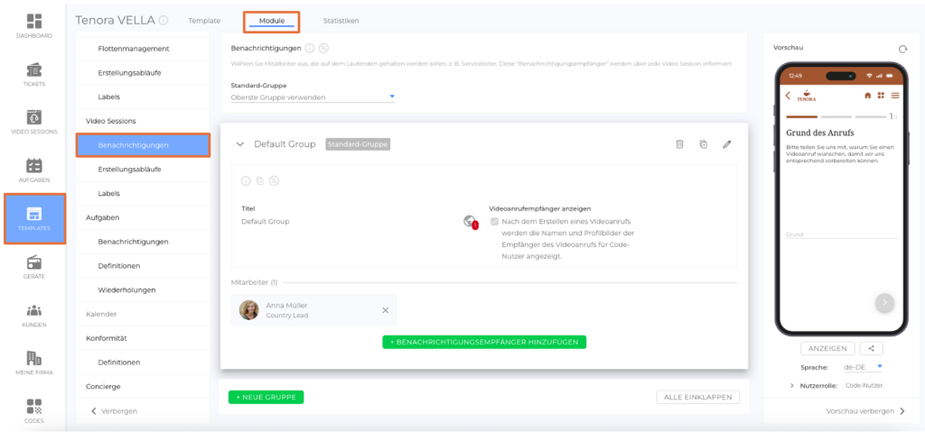 Meta-Team eingerichtet als Benachrichtigungsempfänger für Video Sessions