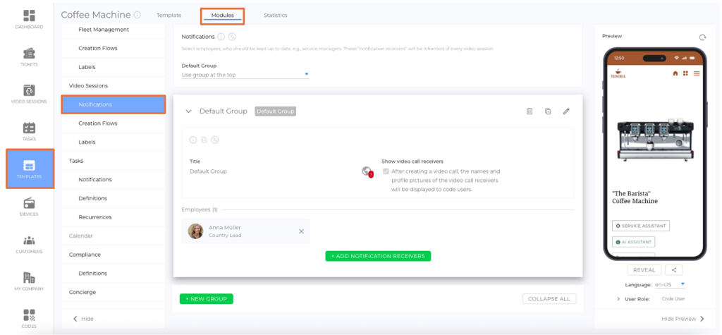 Meta Team set up as Notification Receiver for Video Sessions