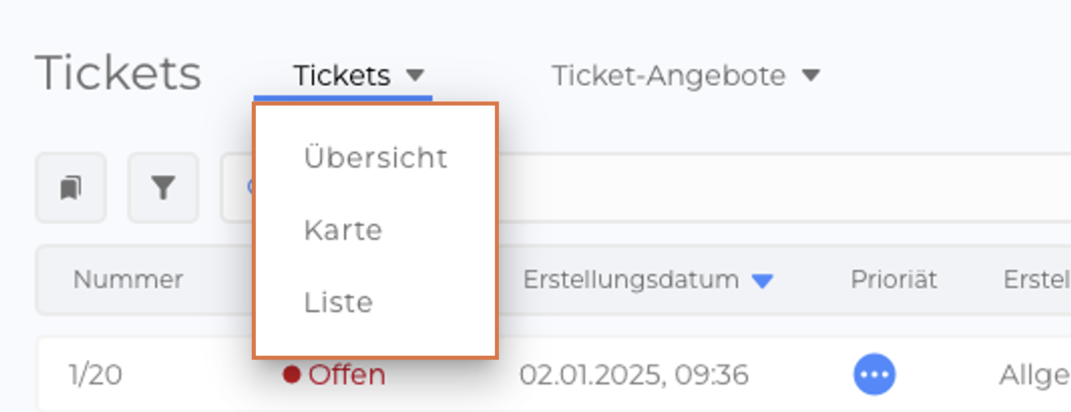 Tickets Overview Dropdown Menu DE