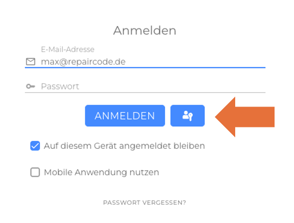 Screenshot Login auf der Plattform Anmeldung mit EMail und Passwort mit Pfeil 2